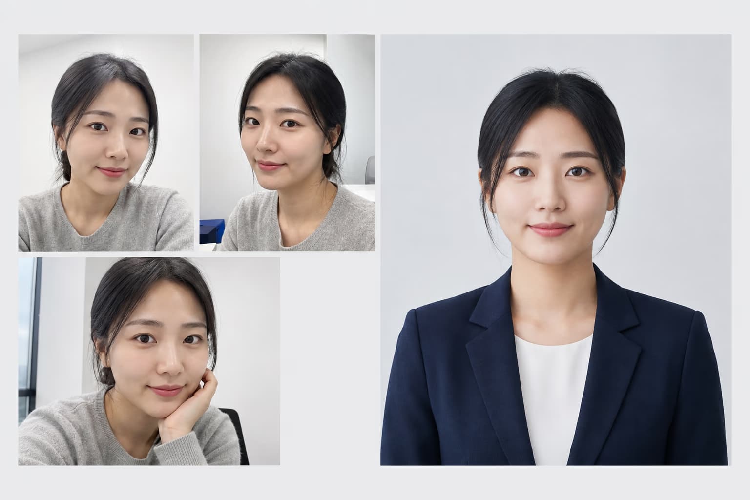 같은 합성 인물의 등록 사진과 사원증용 정면 사진 비교